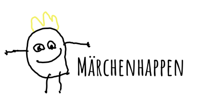 Lächelnder phantasievoller Kartoffelkönig und dem Schriftzug „Märchenhappen“ daneben.