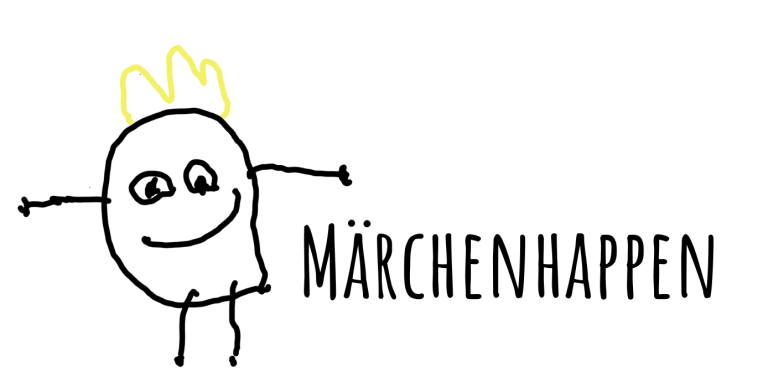 Märchenhappenlogo Lächelnder phantasievoller Kartoffelkönig und dem Schriftzug „Märchenhappen“ daneben.