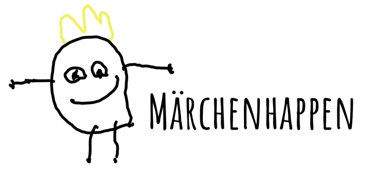 Märchenhappenlogo Lächelnder phantasievoller Kartoffelkönig und dem Schriftzug „Märchenhappen“ daneben.